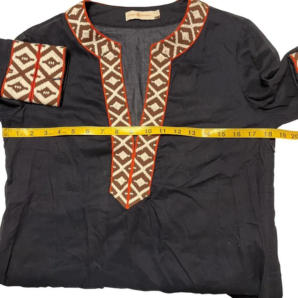 Tory Burch Tunic Long Sleeve Top Navy‎ Size 4 Tribal Beach Cover Embroider Sheer
